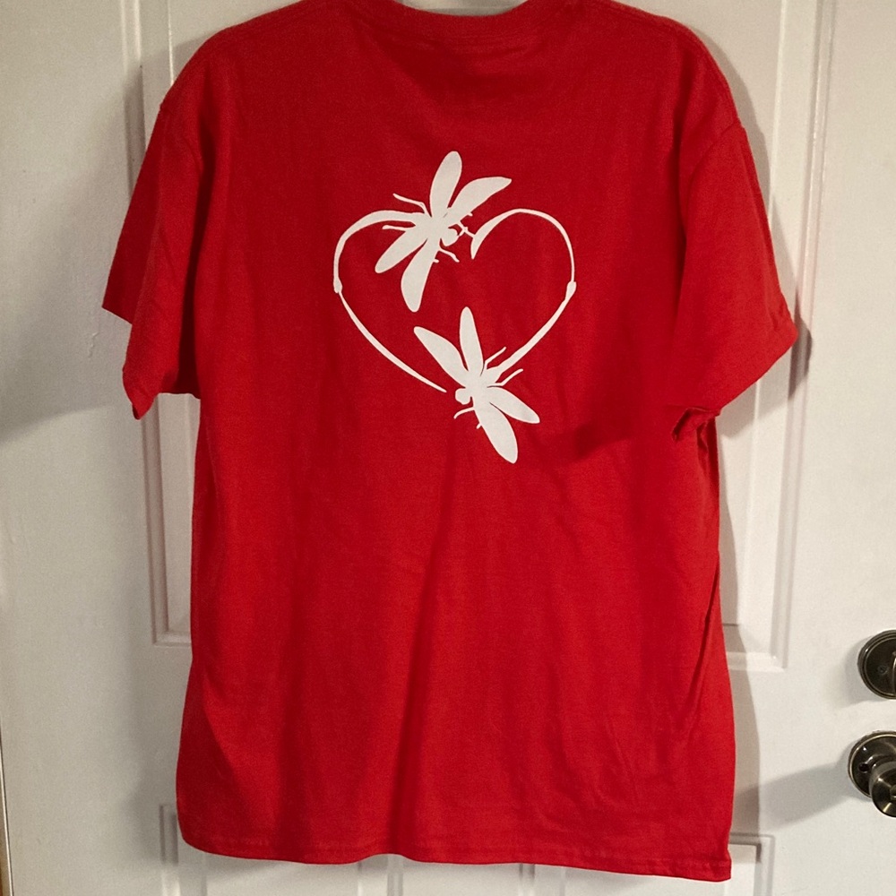 Gildan Red Short Sleeve Tee with White Heart & Dragonfly Graphic